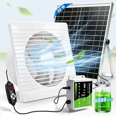 Produktbild von 200MM Solar Abluftventilat Ventilator mit 22W Solarpanel Timer Akkuanzeige Verstellbare Geschwindigkeit, Leise <36 dB Solar Lüfter Abluft für Schuppen