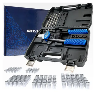 Produktbild von Profi Nietzangen Set mit 150 Nietmuttern aus Stahl in M5, M6, M8, M10, M12, jeweils 30 Stück