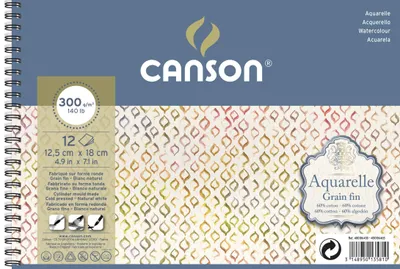 Produktbild von Canson Aquarelle Spiralblock, 12,5 x 18 cm, 12 Blatt, 300 g/m², Feinkorn