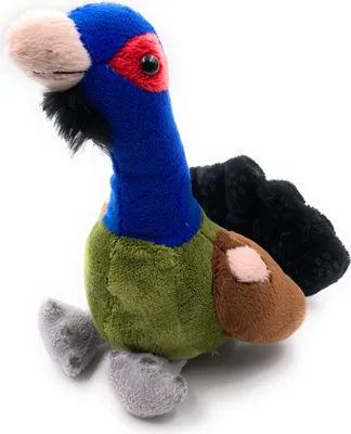 A stuffed toy bird is shown against a white background.