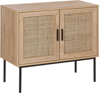 A light wood-toned sideboard with rattan doors and black metal legs and handles, presented against a white background.
