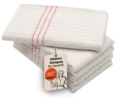 Produktbild von Set mit 5 Scheuerschwämmen – hochwertige und saugfähige Reinigungstücher – Mischgewebe – waschbar bis 60 °C – 55 x 60 cm in Natur mit roten Streifen