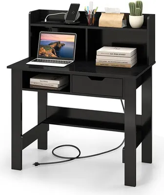 Produktbild von Computertisch mit Regal, Home Office Schreibtisch mit integrierter Ladestation, USB- & Type-C-Anschluss, Schreibtisch mit Schubladen, Schwarz