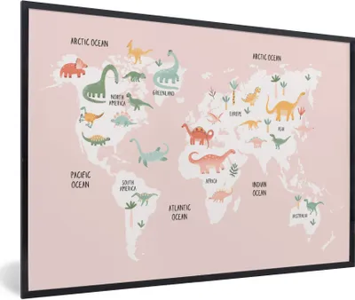 Produktbild von MuchoWow® Gerahmtes Poster Weltkarte - Kinder - Dinosaurier 90x60 cm - Poster mit Schwarzem Bilderrahmen Wandposter Rahmen Foto Bilder - Fotorahmen - Foto-Plakat