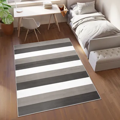Obrázek produktu pro Koberec Obývací pokoj Ložnice Krátký vlas Moderní design Krémově šedá Tmavě šedé pruhy  180 x 250 cm