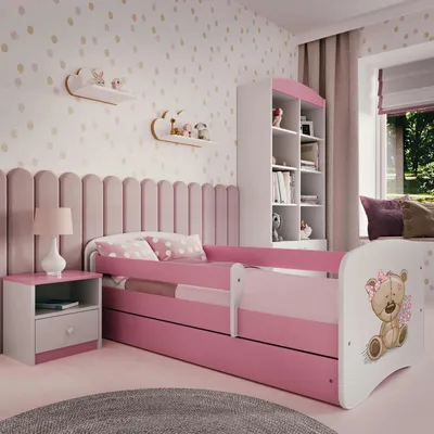 Obrázek produktu pro Dětská postel pro mládež Medvídek květiny 70x140, 80x160, 80x180 cm - kompletní sada se zásuvkou a ochranou proti pádu