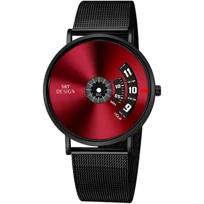 Produktbild von S&T Design Herren Luxus Armbanduhr, Edelstahl Rot, Quarz, Spritzwassergeschützt, verstellbares Armband, schlank, modern, minimalistisch, Armbandlänge 220mm, Gehäusebreite 40mm, Gehäusedicke 9mm