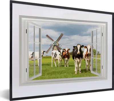 Produktbild von MuchoWow® MuchoWow® Gerahmtes Poster Ansicht - Kuh - Mühle 40x30 cm - Poster mit zchwarzem Bilderrahmen - Bilderrahmen - Poster im Rahmen