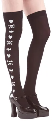 Produktbild von Overknee Strümpfe mit Totenköpfe und Herzen schwarz lang Strumpfhose Rocker Punk