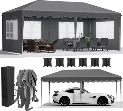 Immagine prodotto di Gazebo da giardino - Gazebo pieghevole pop up - 3 x 6 m - Struttura in alluminio - Tessuto HDPE impermeabile rivestito inPoliuretano- Grigio scuro