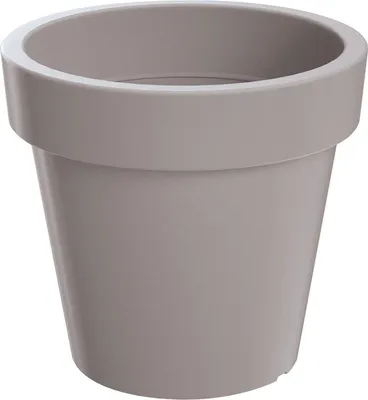 A plain, neutral studio shot of a single gray plant pot.