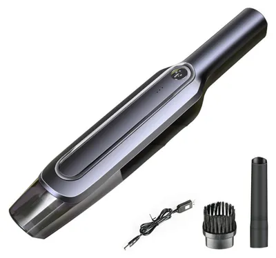 A handheld vacuum cleaner and its accessories are displayed against a white background.