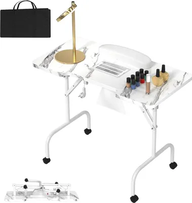 A portable nail table with various nail polish bottles, a nail lamp, and a dust collector, along with a carrying bag and a folded table shown separately.