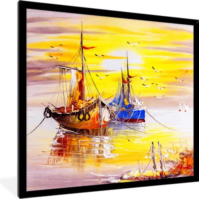 Produktbild von MuchoWow® Gerahmtes Poster Malerei - Boot - Wasser - Ölfarbe 40x40 cm - Poster mit Schwarzem Bilderrahmen Wandposter Rahmen Foto Bilder - Mit Rahmen - Wanddekoration Schlafzimmer