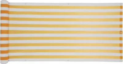 A rolled-up balcony privacy screen with yellow and white stripes.