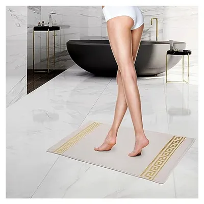 Produktbild von Badematte Set mit griechischem Mäander Muster in Beige und Gold, 2-teilig
