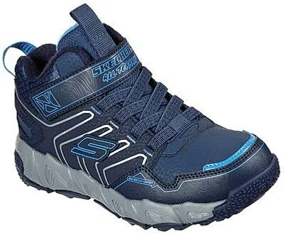 A single navy blue Skechers shoe is shown against a white background.