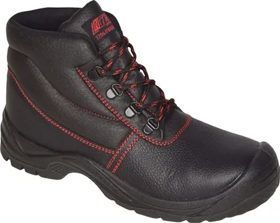 A black work boot with red stitching and laces, shown from a side-angle against a white background.
