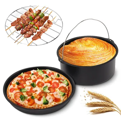 Immagine prodotto di Set di accessori per friggitrice ad aria, 3 pezzi - Acciaio inossidabile - Contenitore per torte - Teglia per pizza - Griglia - Resistente e versatile - Accessori per friggitrice ad aria
