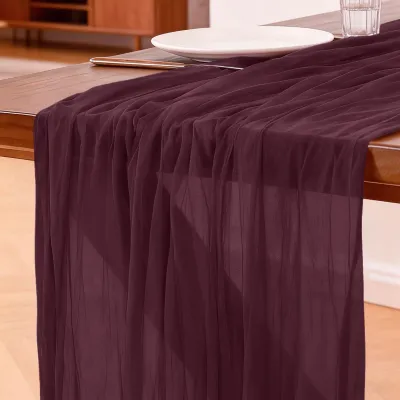 Obrázek produktu pro Lněná běhounka na stůl, vínová barva, 300 x 90 cm, boho styl, vhodná pro oslavy