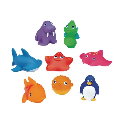 A collection of colorful rubber bath toys shaped like sea creatures and a penguin, arranged on a white background.