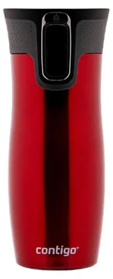 A red Contigo travel mug against a white background.