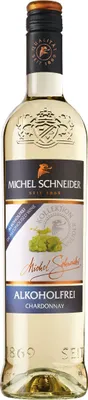 A bottle of Michel Schneider Chardonnay alcohol-free wine against a white background.