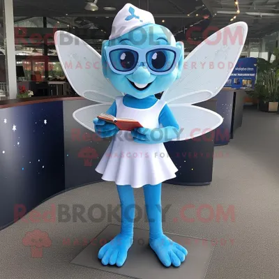 Zdjęcie produktu dla Błękitna REDBROKOLY Wróżka Zębowa postać w kostiumie maskotki ubrana w koszulkę Henley i okulary do czytania