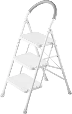 Produktbild von Trittleiter 3 Stufen Klappbar, Leiter 3 Stufen mit Handlauf, Stabile rutschfeste Stufen, Tragbare Klappleiter, Leiter für Küche & Haushalt, Belastbar bis 200 kg, Weiß