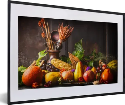 Produktbild von MuchoWow® Gerahmtes Poster Gemüse - Obst - Rustikal - Tisch 60x40 cm - Poster mit Schwarzem Bilderrahmen Wandposter Rahmen Foto Bilder - Schlafzimmer - Plakat in Rahmen - Drucken