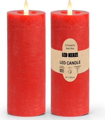 Image de Set de bougies à LED en cire, flamme vacillante, Ø 7x18 cm, rouge