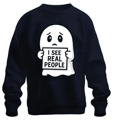 Productafbeelding van Ik zie echte mensen, een lieve geest, verlegen, Halloween, grappig, uni sweatshirt, marineblauw, maat S