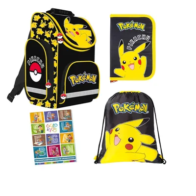 Produktbild von St. Majewski - Schulranzen für Jungen und Mädchen, 4er-Set - Schul-Rucksack für Kinder mit Federmäppchen - Schuhbeutel und Hausaufgabenheft - Pokemon