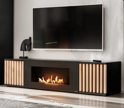Produktbild von TV-Lowboard "Morgan" in schwarz und Jackson Eiche TV Unterteil mit Bio Ethanol Kamin 163 cm