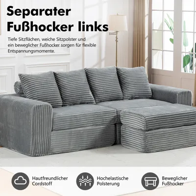 Produktbild von PixelPilot Cord Sofa mit Hocker,2-Sitzer Couch,L-förmiges Sofa,modulares Wohnzimmer Sofa mit breiten Armlehnen und 4 Rückenkissen