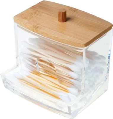 Produktbild von Wattestäbchenhalter Acryl – Mit Holzdeckel, tragbar, transparente Aufbewahrung für Wattepads