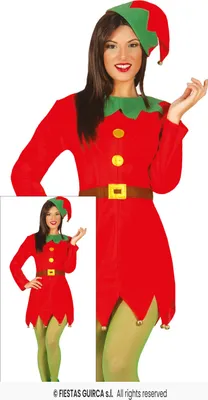 A woman wearing a red and green elf costume, with a smaller inset image of the costume.