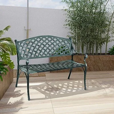 Immagine prodotto di Panca da giardino, in ghisa, panca in ferro, caricabile fino a 210 kg, panca da riposo, mobili da giardino, panca con struttura in acciaio, panca in metallo con schienale, 102 x 62 x 83 cm