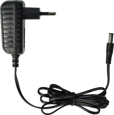 A black power adapter with a cord and a connector.