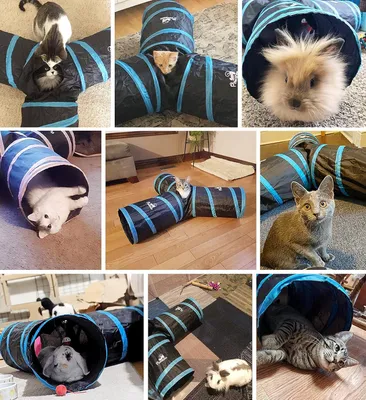 Produktbild von 3-Wege Katzen-Tunnelrohr Erweiterbar Zusammenklappbar Interaktives Spielzeug Labyrinthbett mit Bällen und Glocken - Schwarz & Hellblau