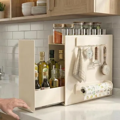 Produktbild von PolkaHome® Gewürzregal 2-stufig ausziehbar – Platzsparender Küchenorganizer mit Magnetseite, für Gewürze & Ölflaschen, ohne