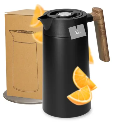 Produktbild von Wasserkaraffe 1L aus Edelstahl - Auslaufsicher und ohne tropfen - Doppelwandige Thermokanne mit Deckel für heiße und kalte Getränke - Karaffe 1L für Büro, Konferenz und Alltag schwarz