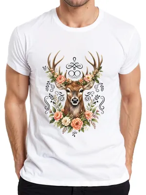 Produktbild von Eleganter Hirsch Blumenkranz Geweih Wald Boho Natur Lederhose Reh Herren T-Shirt, Weiß, M