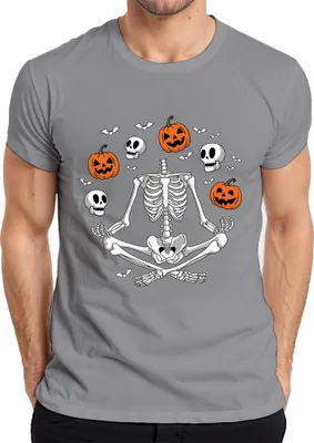 Produktbild von Halloween Skelett Yoga Meditation Kürbis Totenkopf Fledermaus Herren T-Shirt, Grau, M