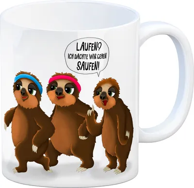 Produktbild von Kaffeebecher mit laufende Faultiere Motiv und Spruch: Laufen? Ich dachte wir