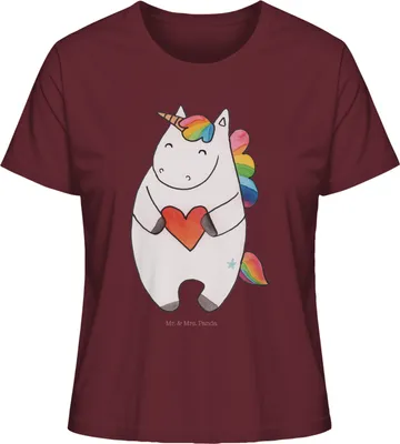 Produktbild von Mr. & Mrs. Panda Baumwoll T-Shirt Damen Einhorn Herz Größe S - Burgundy - Geschenk, Basic Shirt, Oberteil, Anders, Unicorn, Witzig, Einhörner