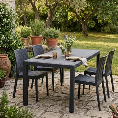 Produktbild von Gartentisch Portici, Rechteckiger Esstisch, Mehrzweck-Gartentisch in Rattan-Optik, 100 % Italy, 150x90h72 cm, Anthrazit