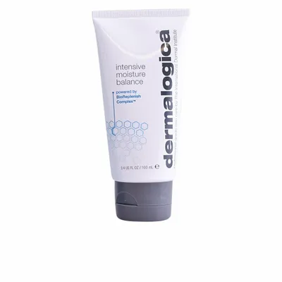 A white tube of Dermalogica Intensive Moisture Balance cream with a gray cap, set against a white background.