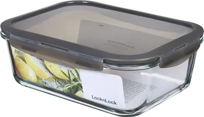 A glass food storage container with a gray lid.
