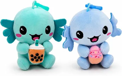 Produktbild von Axolotl Schlüsselanhänger Set 2 Stück 12 cm Plüschanhänger mit Snacks Kawaii Kuschelfiguren für Rucksack Tasche & Schlüssel